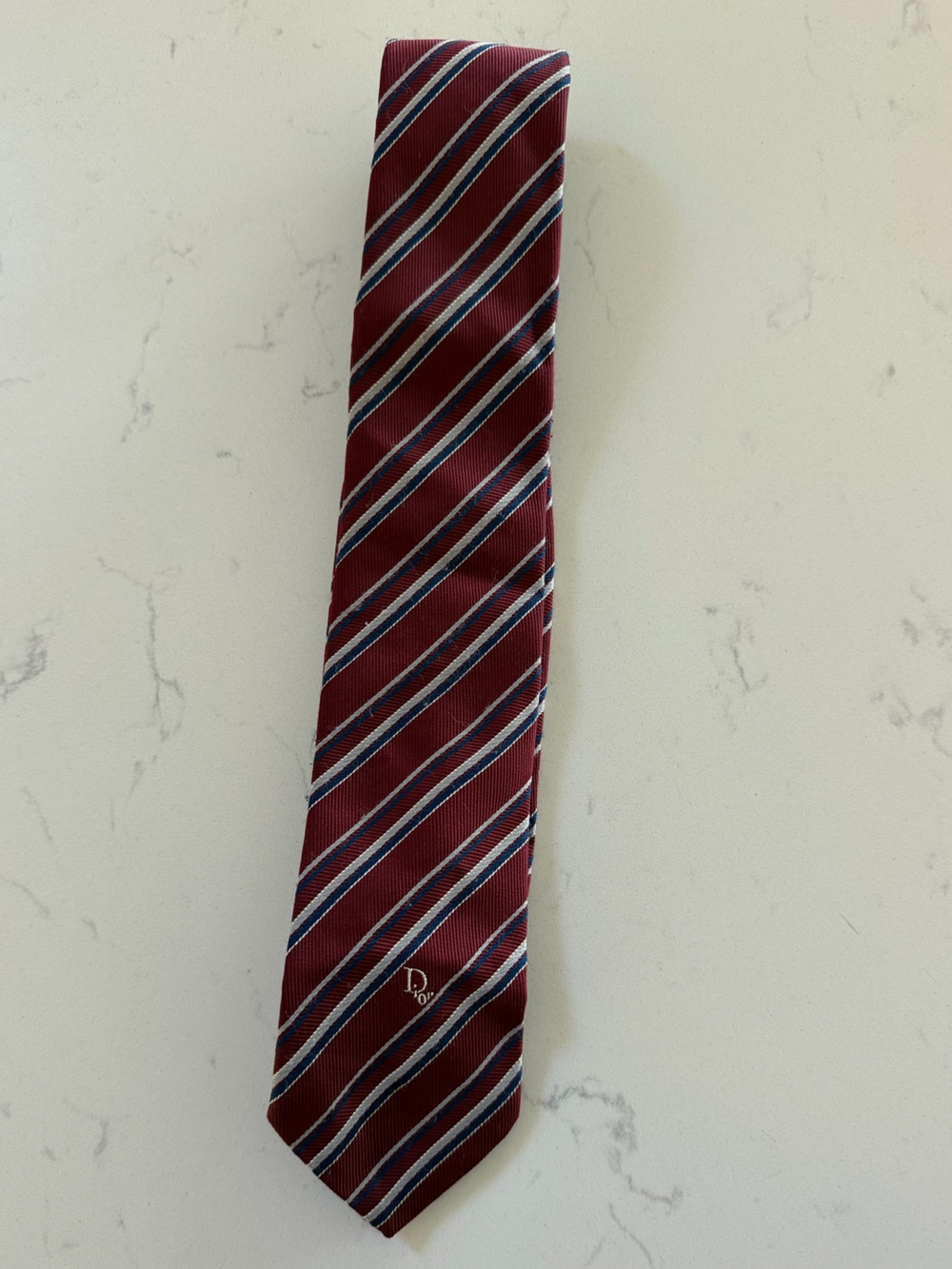 Men's Dior Burgundy Striped Tie with Subtle Embroidery